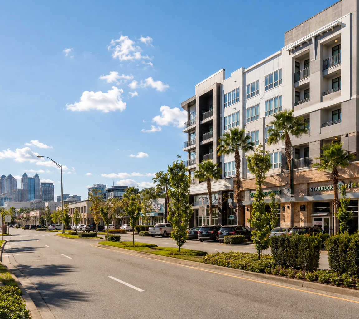 Palm-lined boulevard beside a mid-rise apartment block with ground-floor retail, towers in the distance