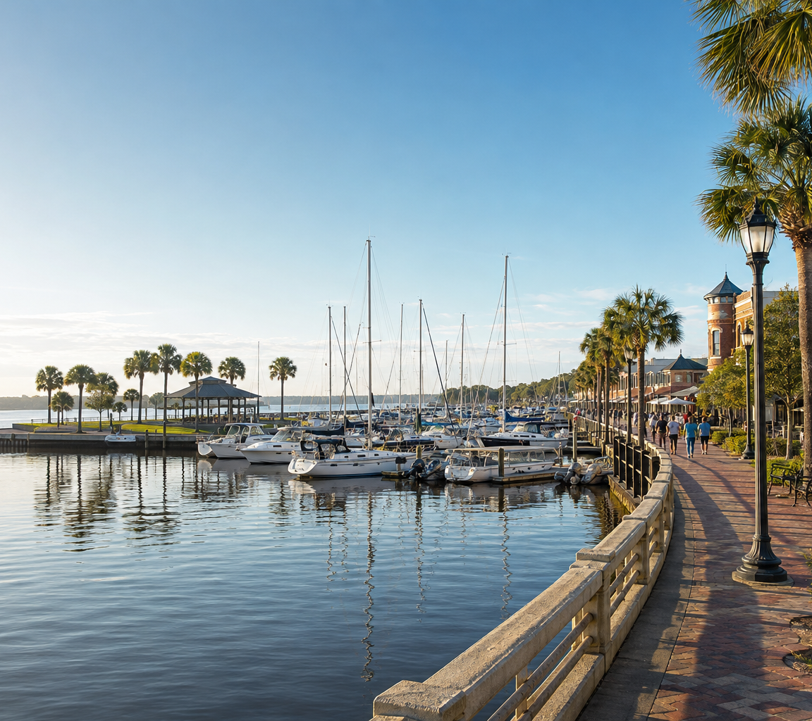Marina with moored sailboats along a palm-lined waterfront promenade and lamp posts