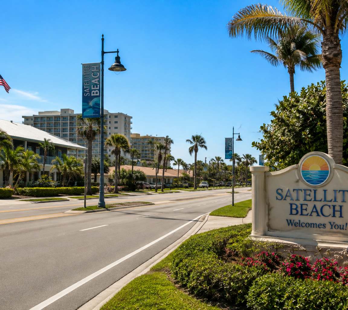 Coastal boulevard with a stone monument sign, banner-hung lamp posts and palms