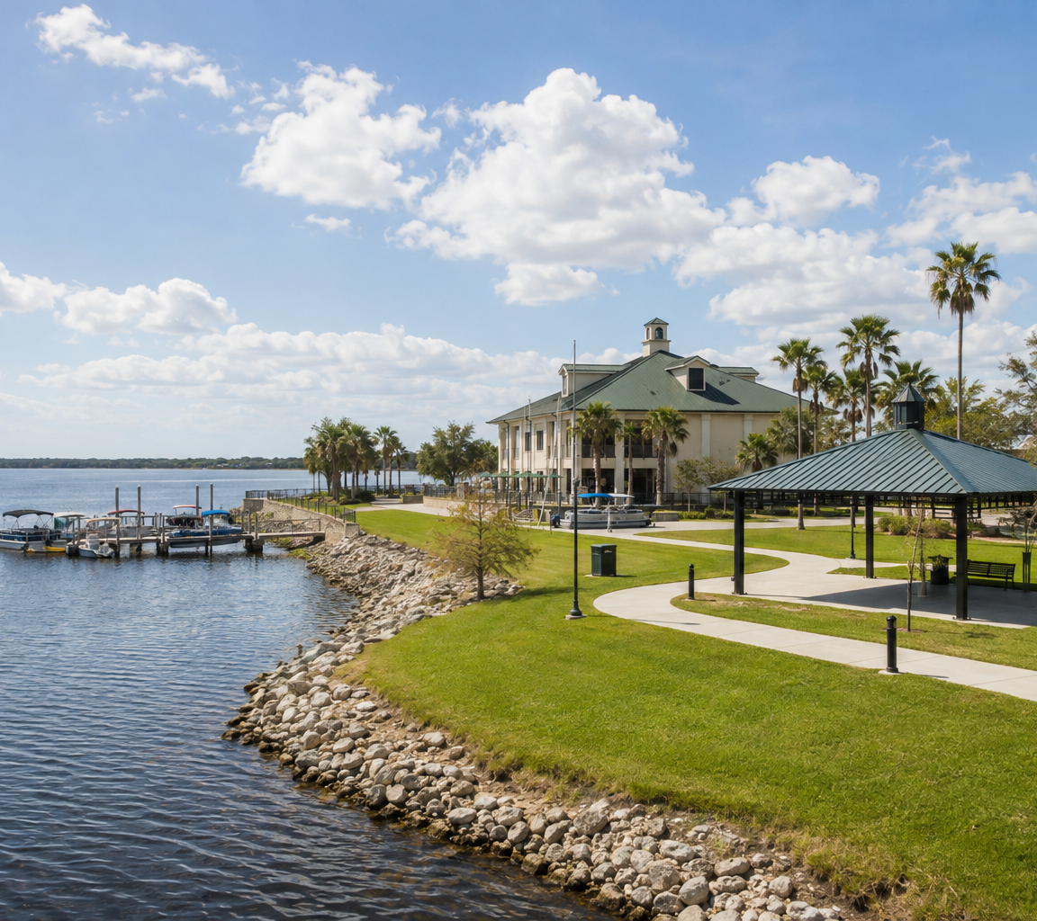 Waterfront park with a picnic shelter and pavilion on mown grass above a rip-rap shoreline