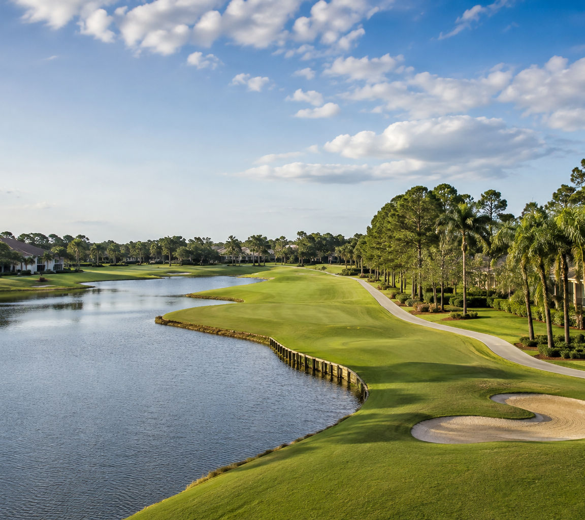 Golf fairway and sand bunker beside a broad pond, with homes and pines along the far edge