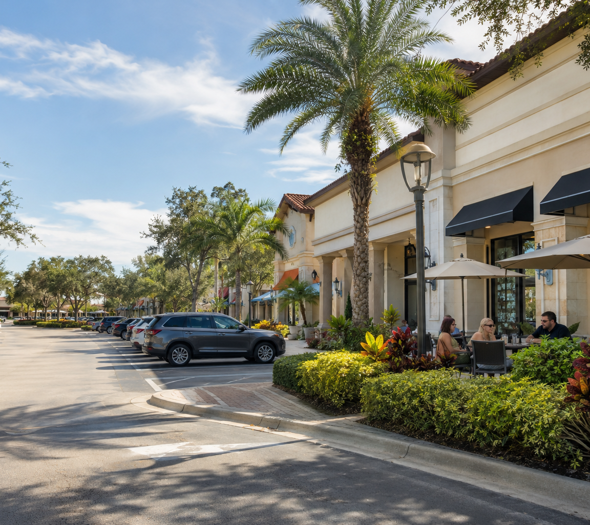 Shopping plaza frontage with awnings, umbrella-shaded outdoor seating, palms and landscaped beds
