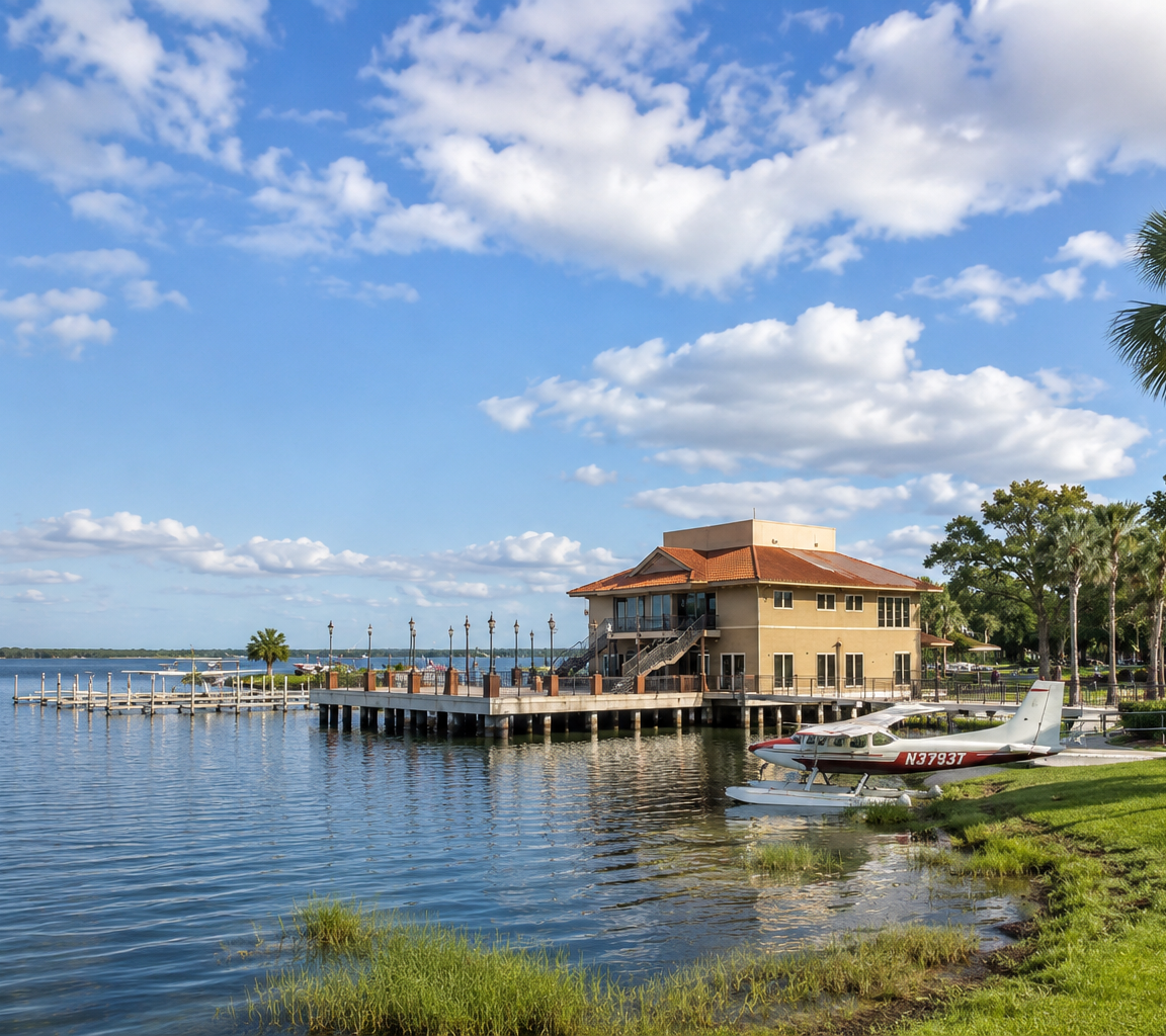 Lakefront building with docks and a seaplane moored at the grass bank, palms and open water beyond