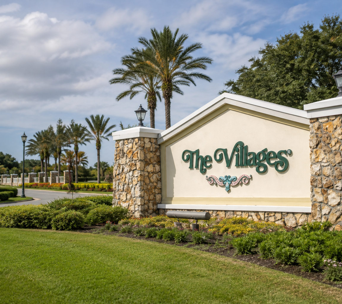 Stone-and-stucco entrance monument with landscaped beds and palms along a divided drive