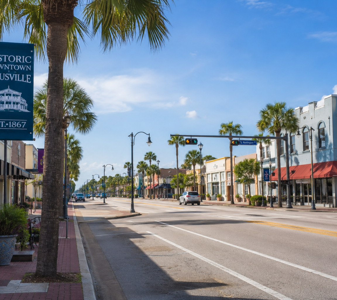 Historic main street with brick sidewalks, banner-hung lamp posts, palms and low-rise storefronts