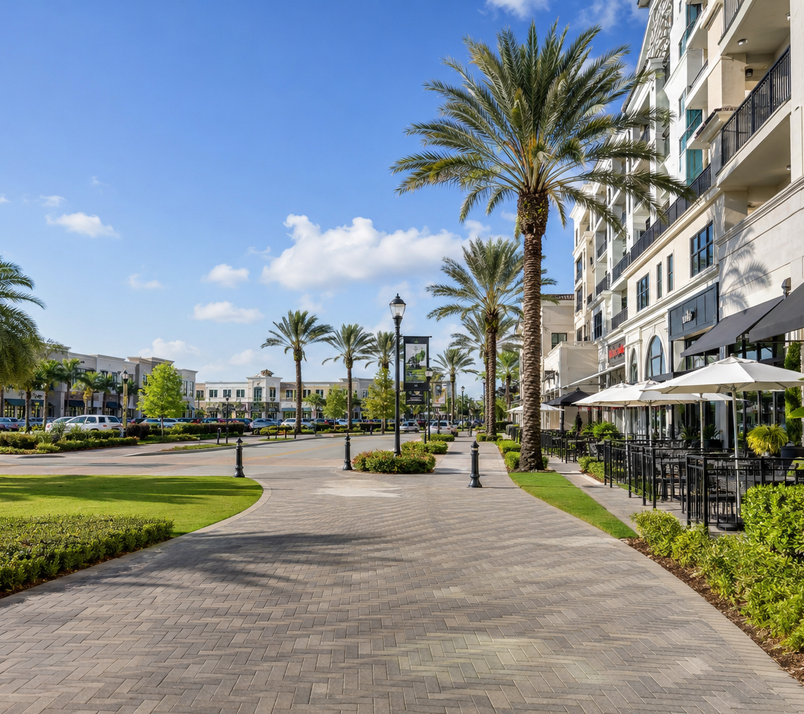 Paver walkway through a mixed-use district with palms, cafe umbrellas and mid-rise buildings