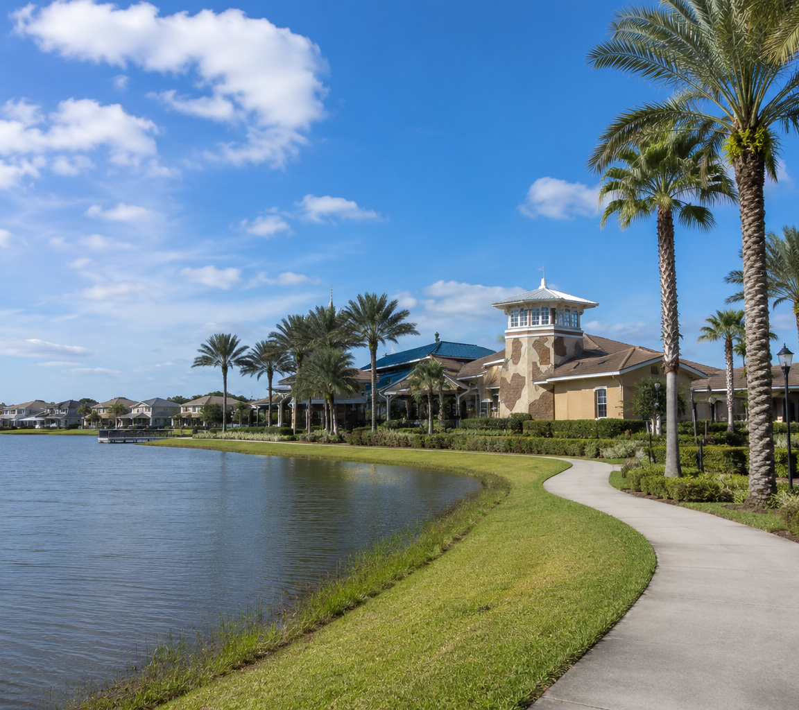Curving paved path beside open water, with palms and lamp posts, and a clubhouse with a cupola across the lawn