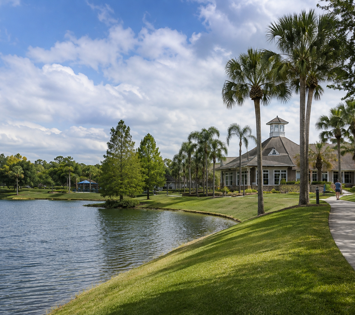 Paved path beside open water and a clubhouse with a cupola, framed by palms and sloping lawn