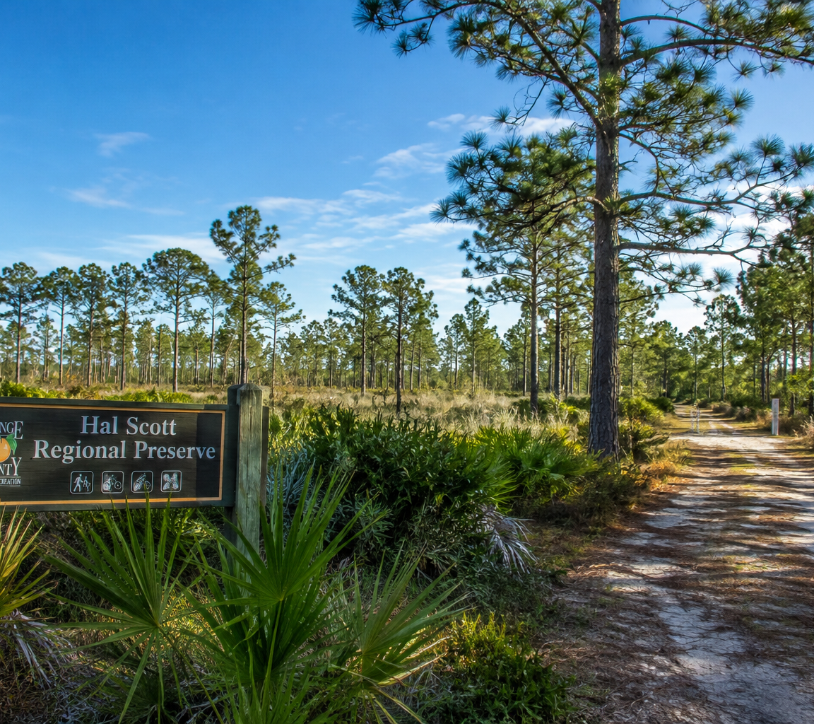 Sand track entering open pine flatwoods, with a routed timber trailhead sign and saw palmetto