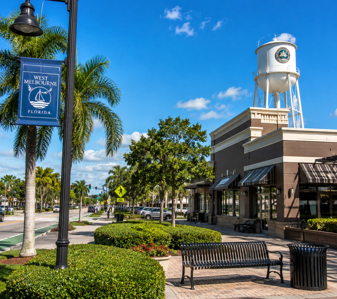 Retail frontage with pergola shading and a bench, a banner-hung lamp post and a water tower behind