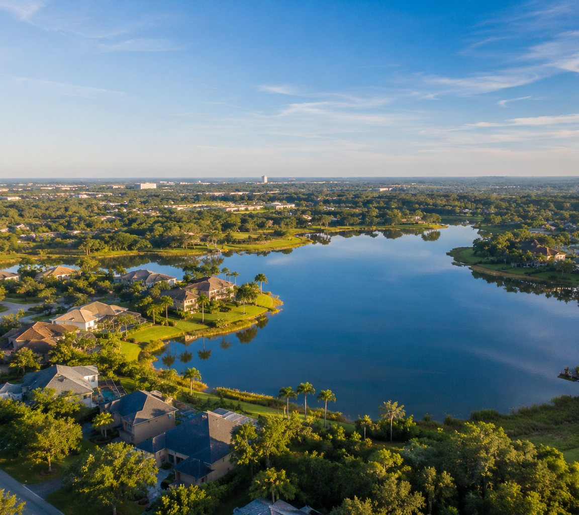 Aerial view of lakefront homes around a lake, with wooded flatland to the horizon