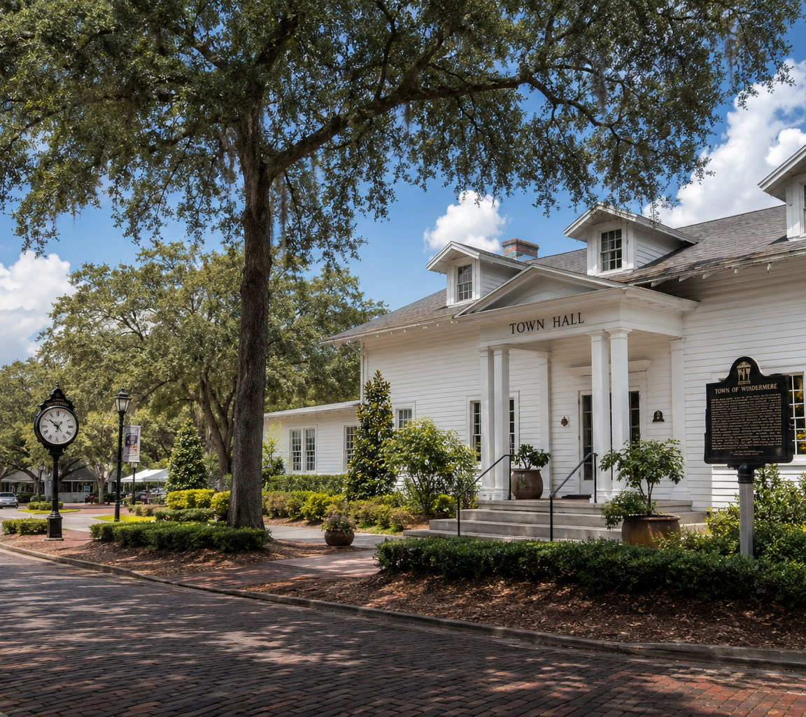 White clapboard civic building with a columned portico under a large oak, beside a brick street and a post clock