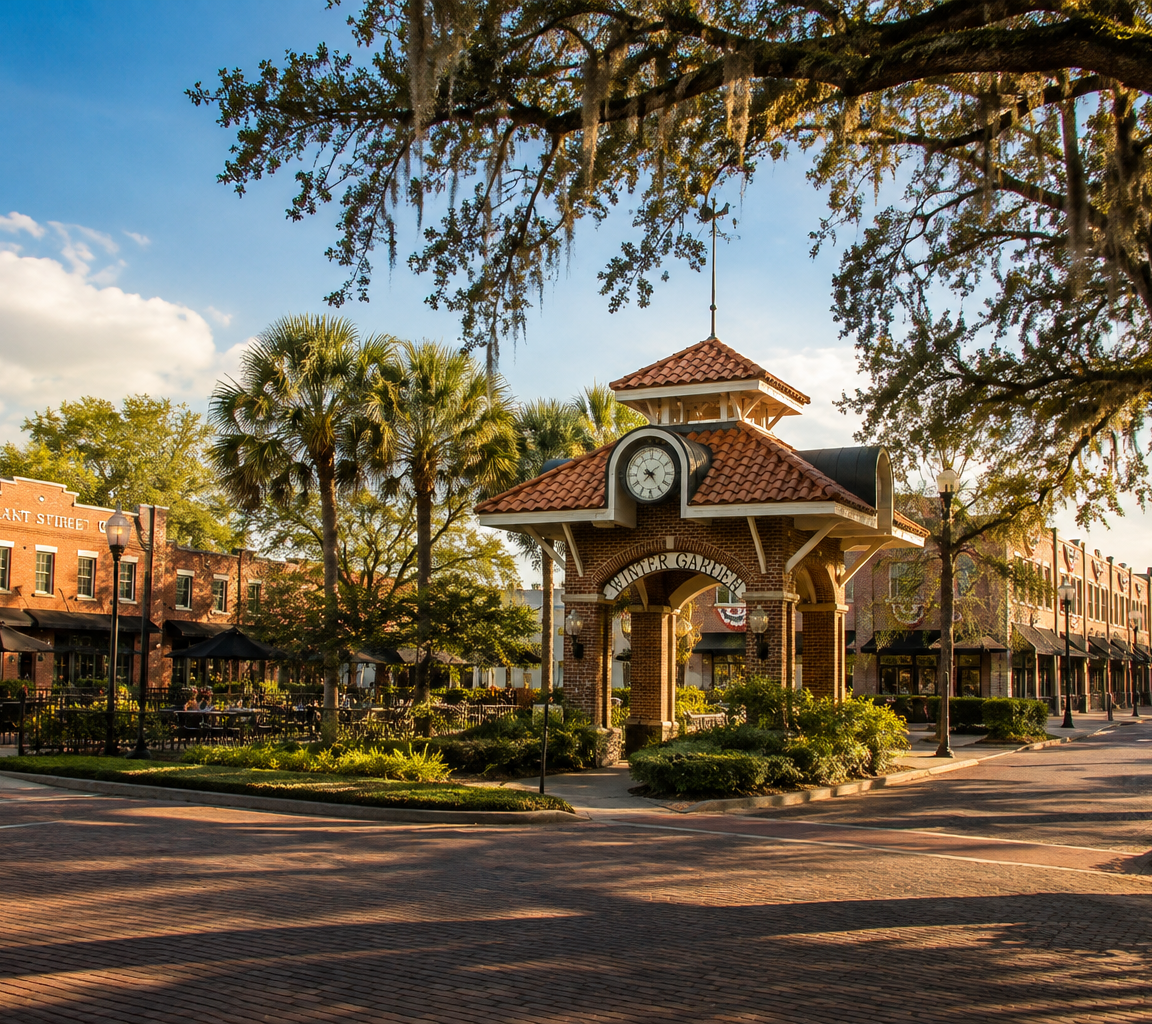 Brick main street with a clock-tower pavilion, awnings and moss-draped oaks