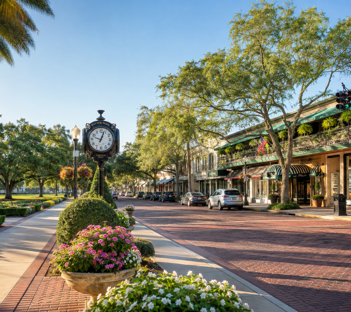 Brick main street with a post clock, awning-shaded storefronts and a landscaped median under shade trees
