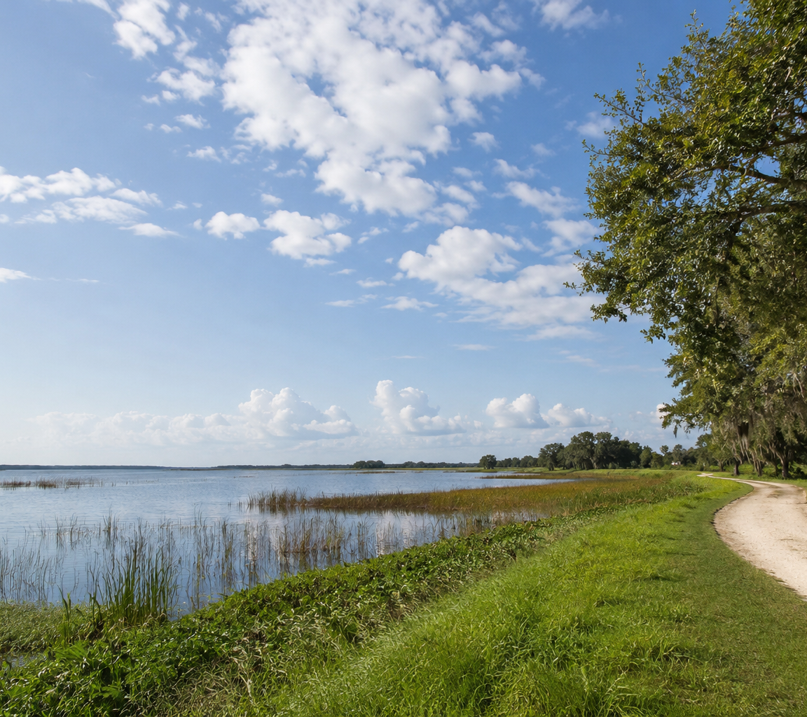 Sand track along a shoreline with marsh grass and oaks draped in Spanish moss