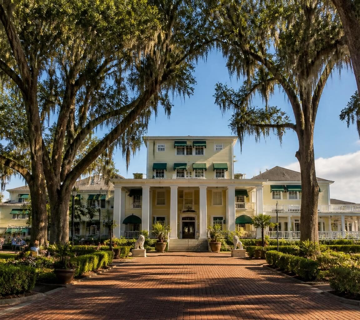 Grand yellow clapboard building at the end of a brick drive, framed by moss-draped oaks